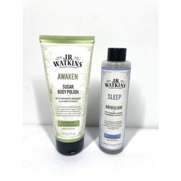 JR Watkins AWAKEN Sugar Body Polish Natural Scrub & SLEEP Bath Elixir 6oz Ea New - Picture 1 of 3